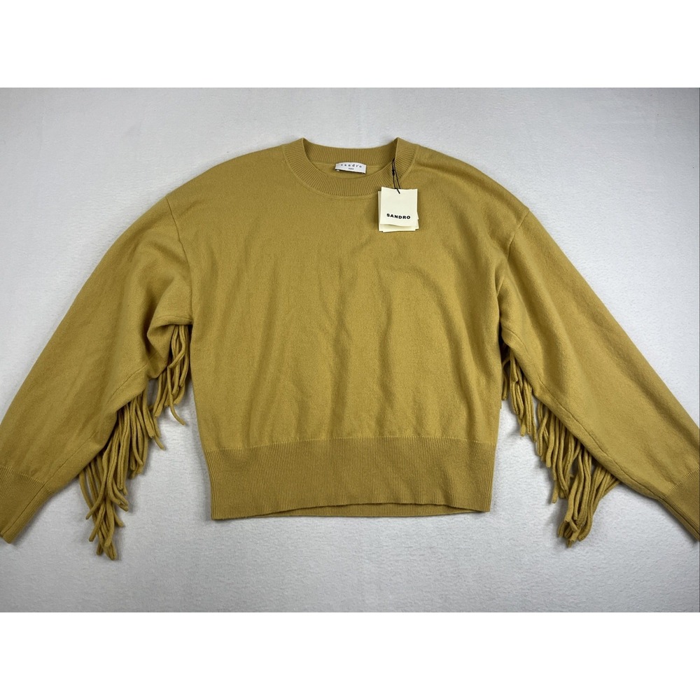 Sandro Paprika Fringed Sweater Curry Gold Wool Cashmere Womens Size 3 L